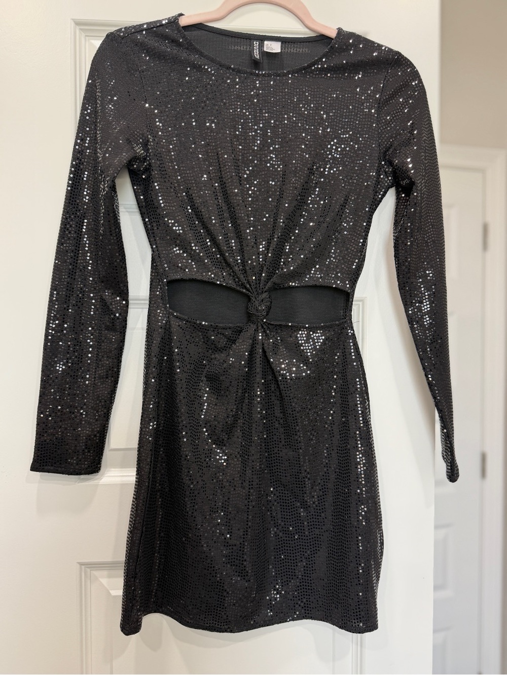 Sequin Knot-Front Long Sleeve Mini Dress in Black